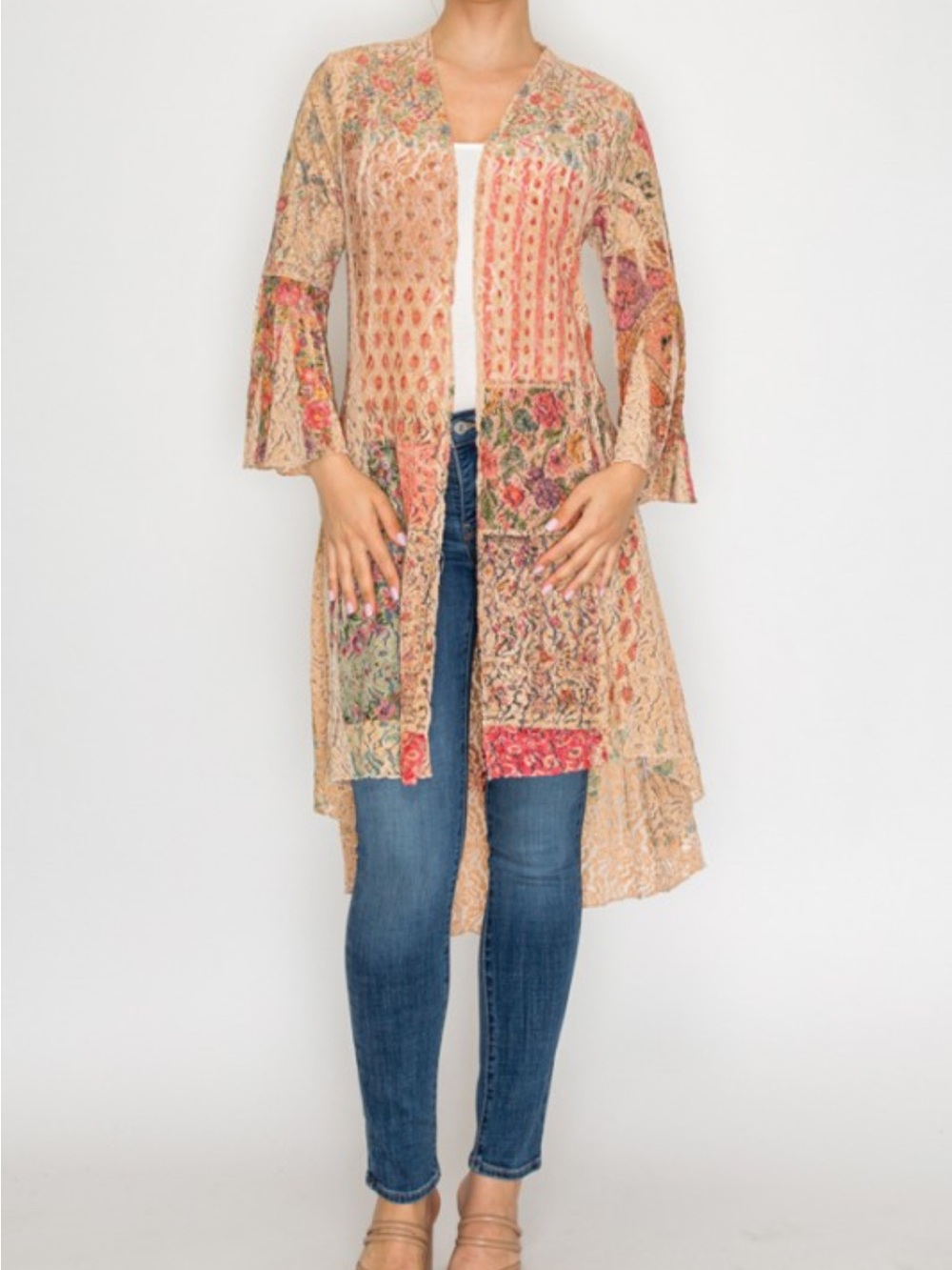 Bohemian Patchwork Open-Front Tunic in Beige Floral